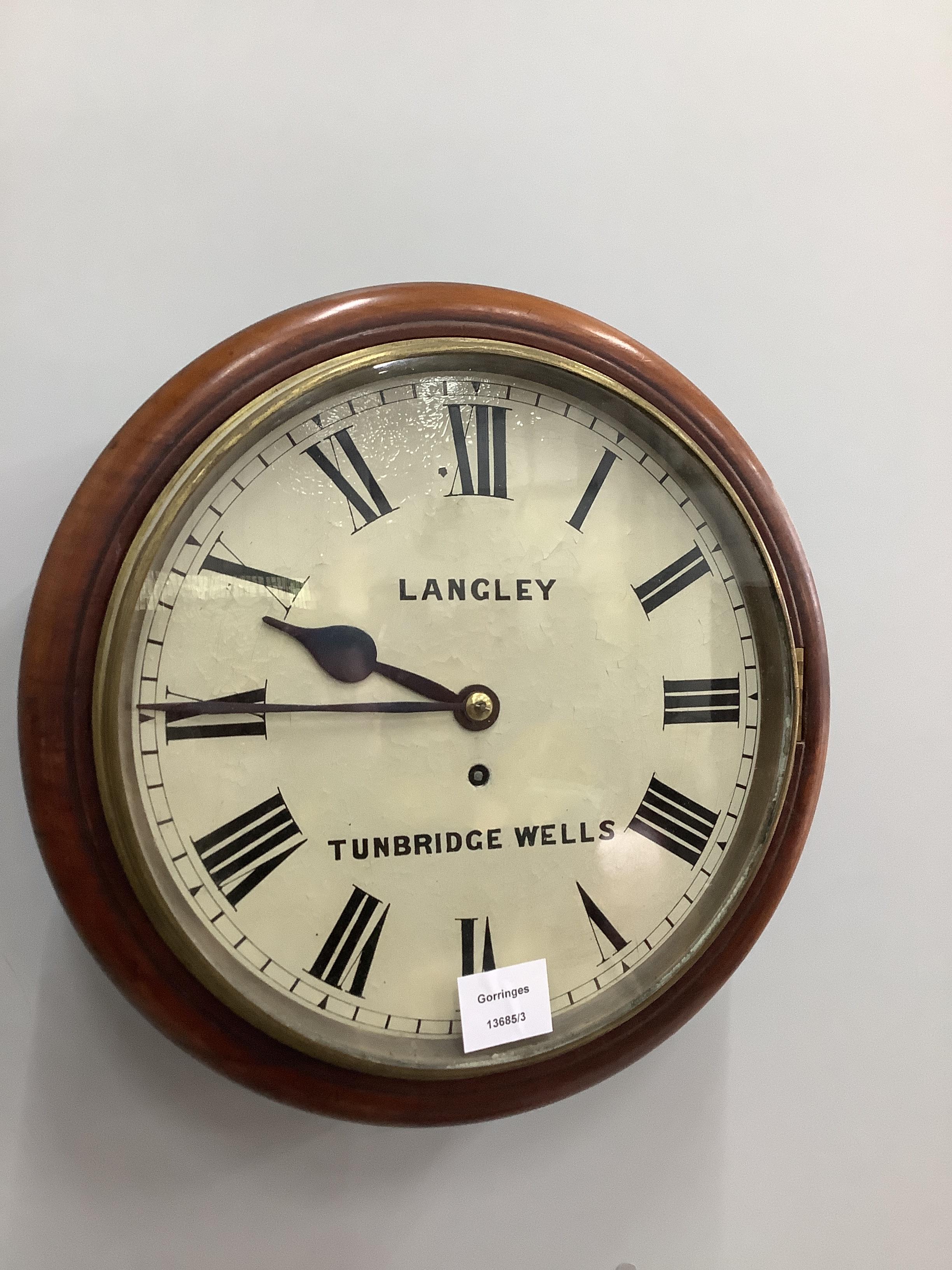 A Victorian mahogany circular single fusee wall dial marked Langley, Tunbridge Wells, diameter 36cm